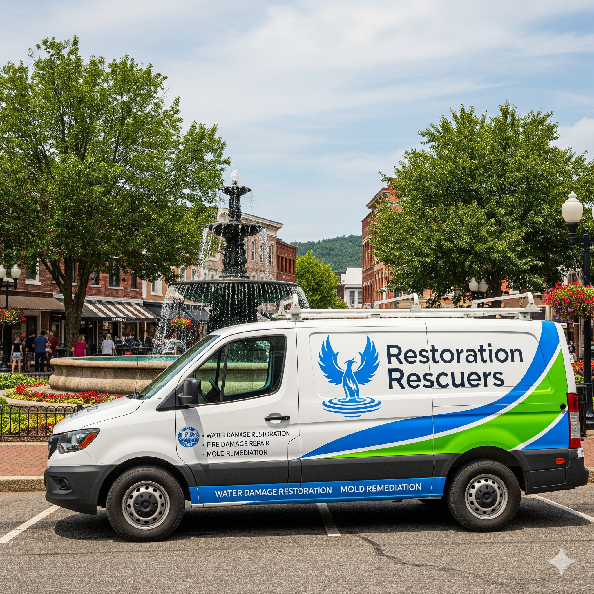 A professionally wrapped restoration van, a key part of a dominant local brand.
