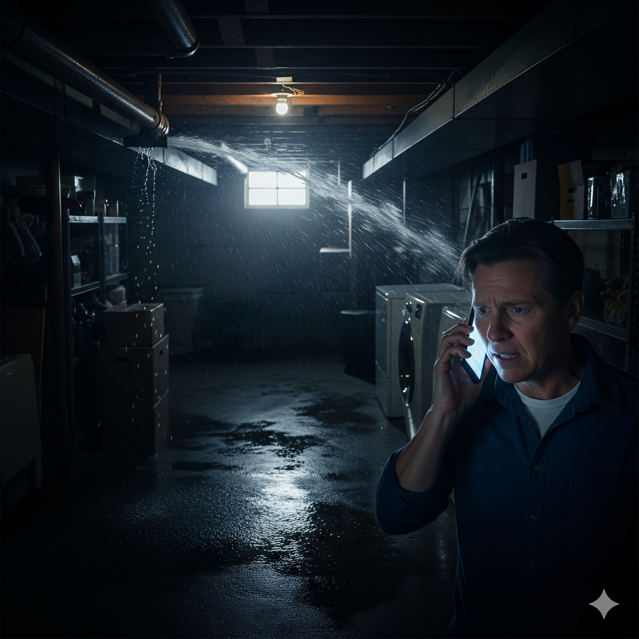 A stressed homeowner on the phone in a flooded room, representing a high-intent live call.