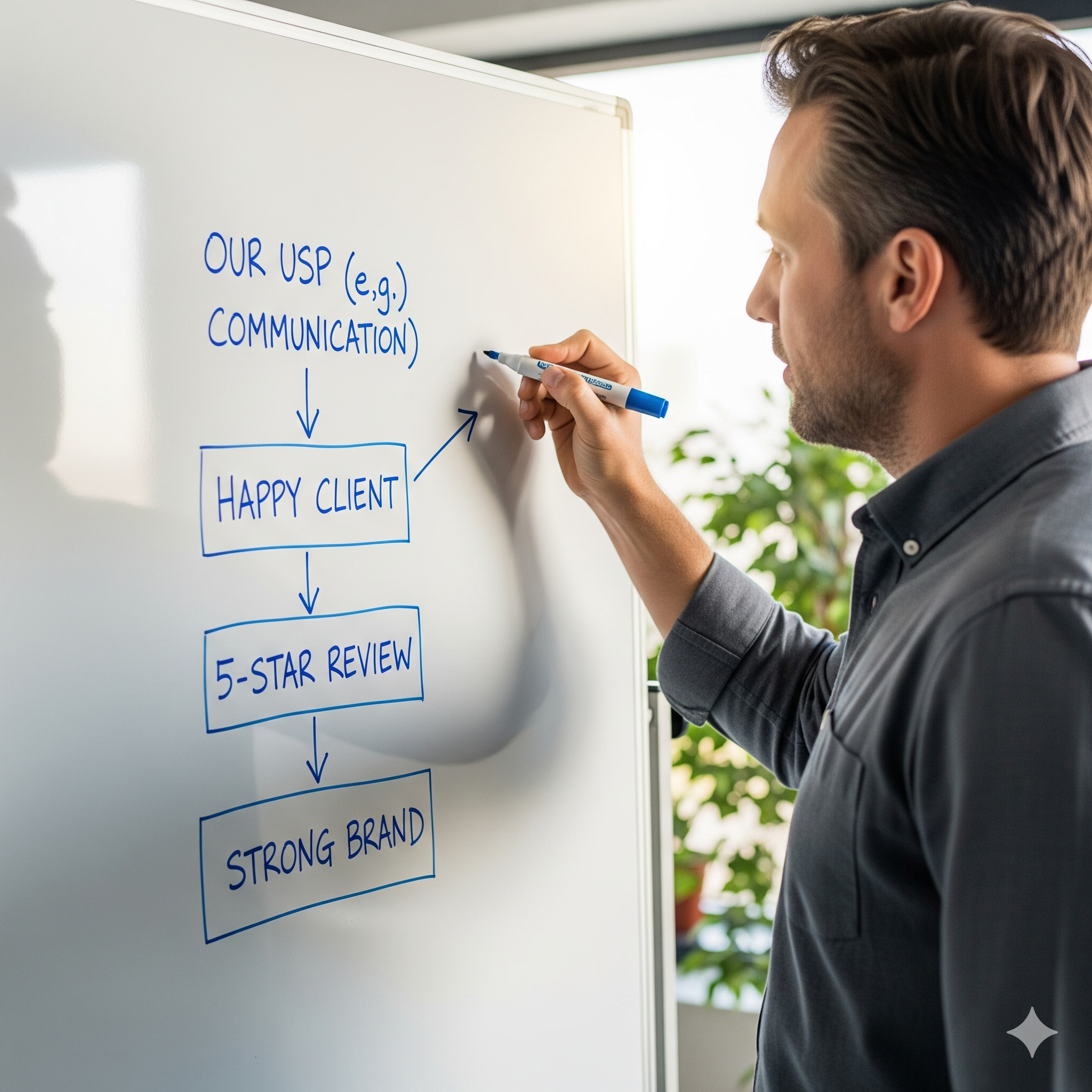 A whiteboard covered in notes about restoration business strategy and marketing funnels.