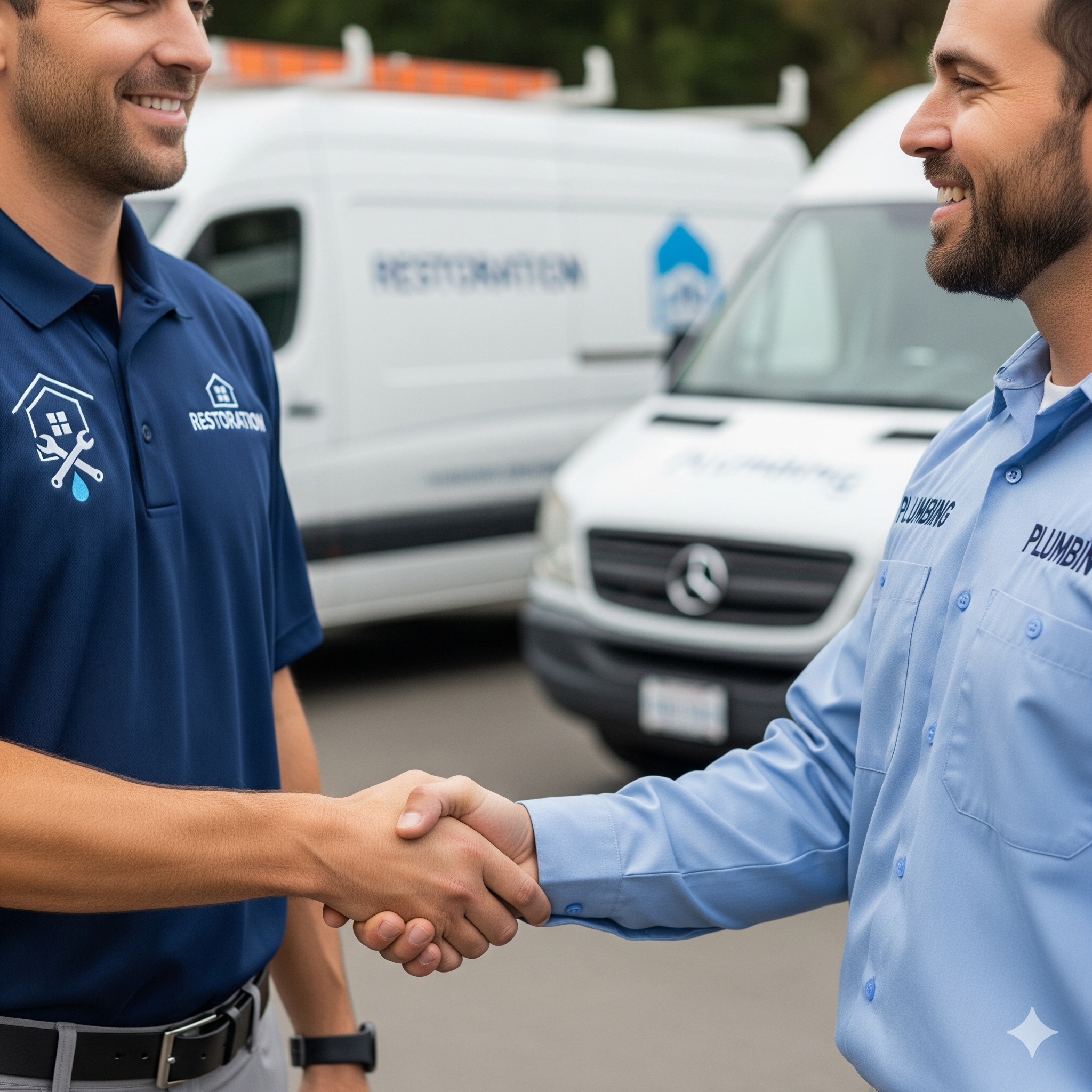 A restoration contractor and a plumber shaking hands, symbolizing a strong referral partnership.