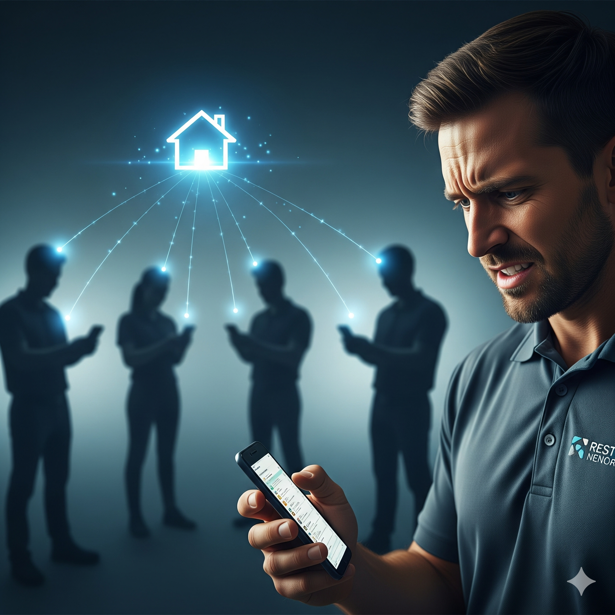 An illustration showing one lead being chased by five different contractor vans.