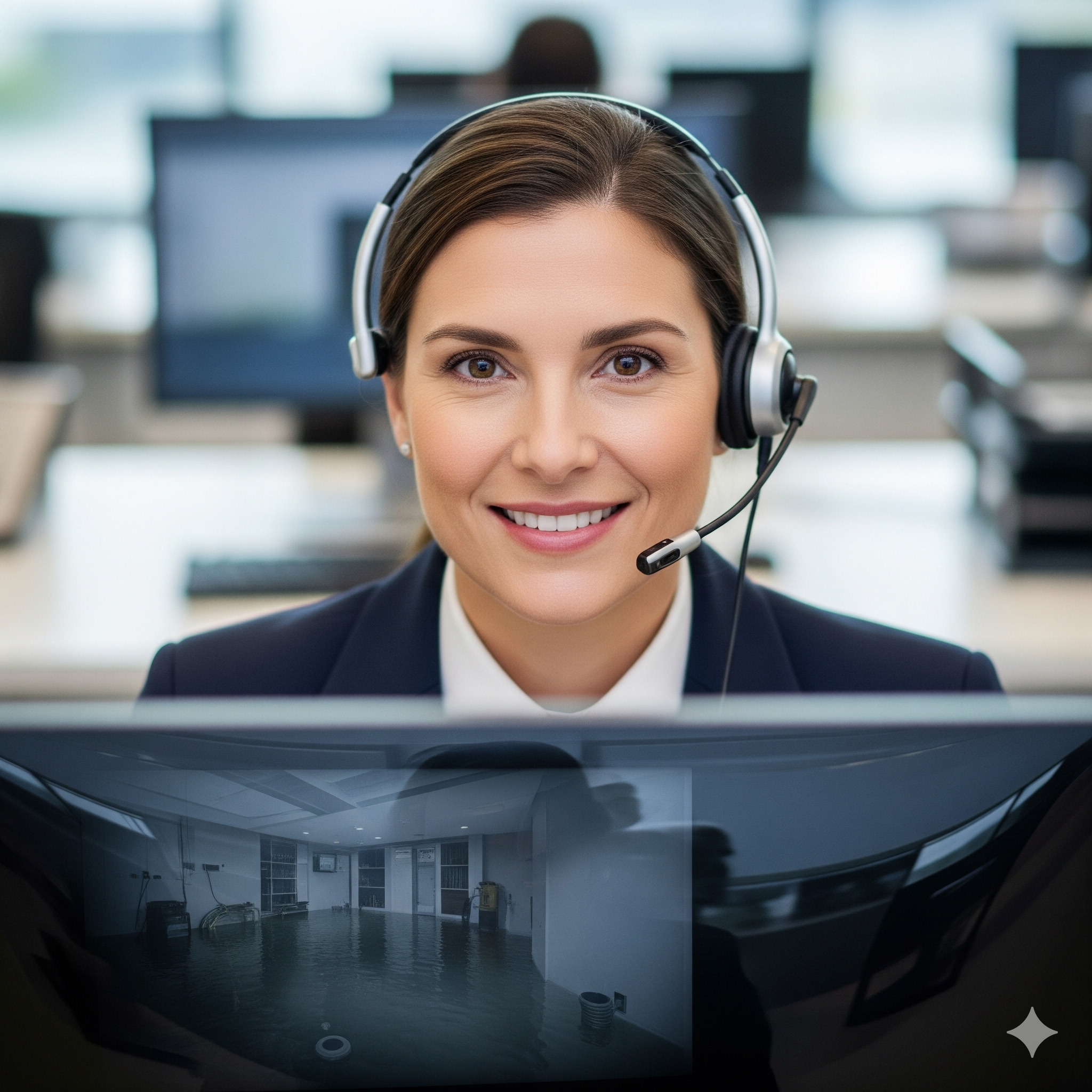 A customer service representative professionally handling a water damage lead intake call.